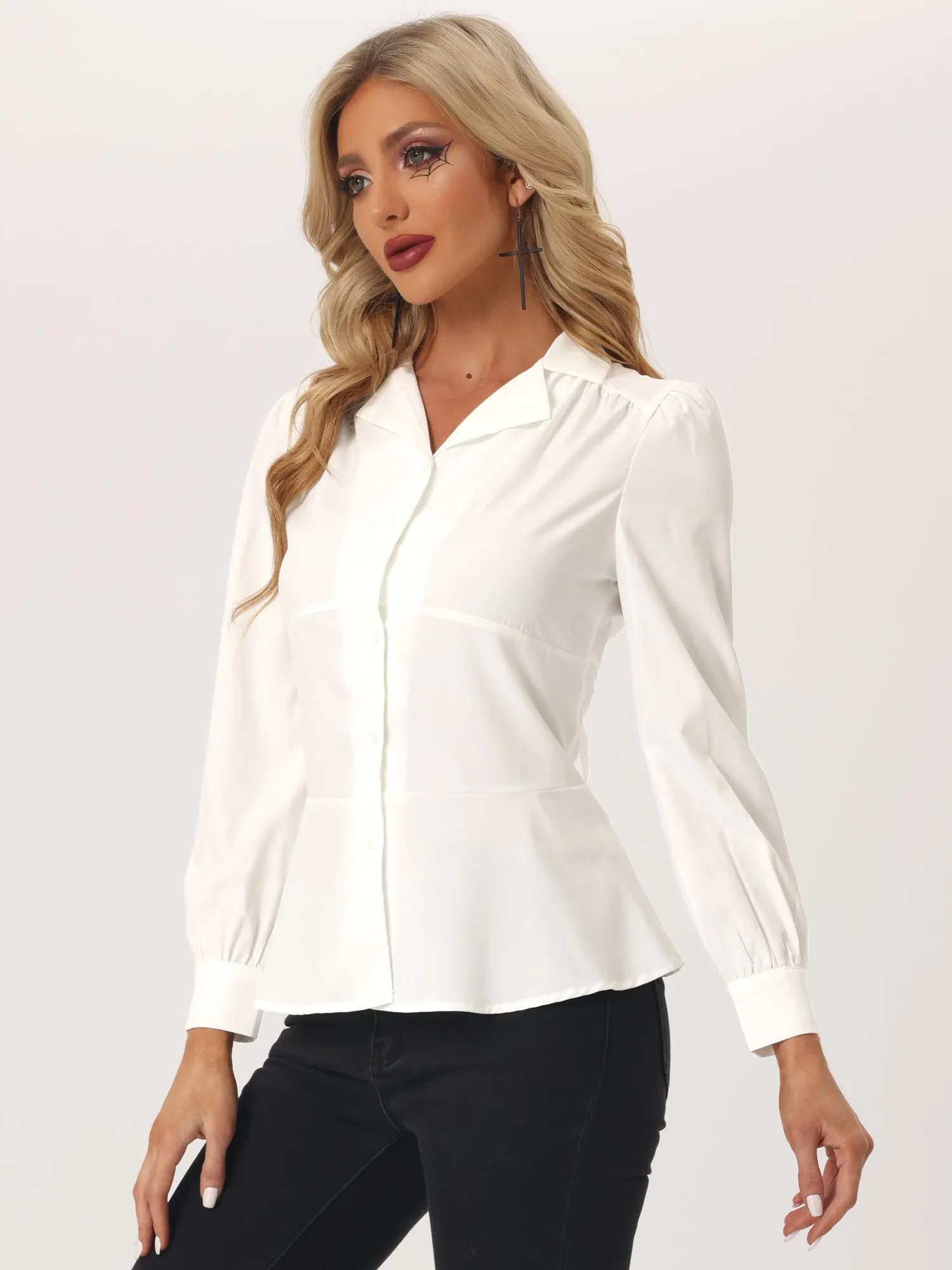 Long Sleeve Casual V Neck Tie Back Button Up Peplum Blouse sold by Allegra K product image thumbnail 4