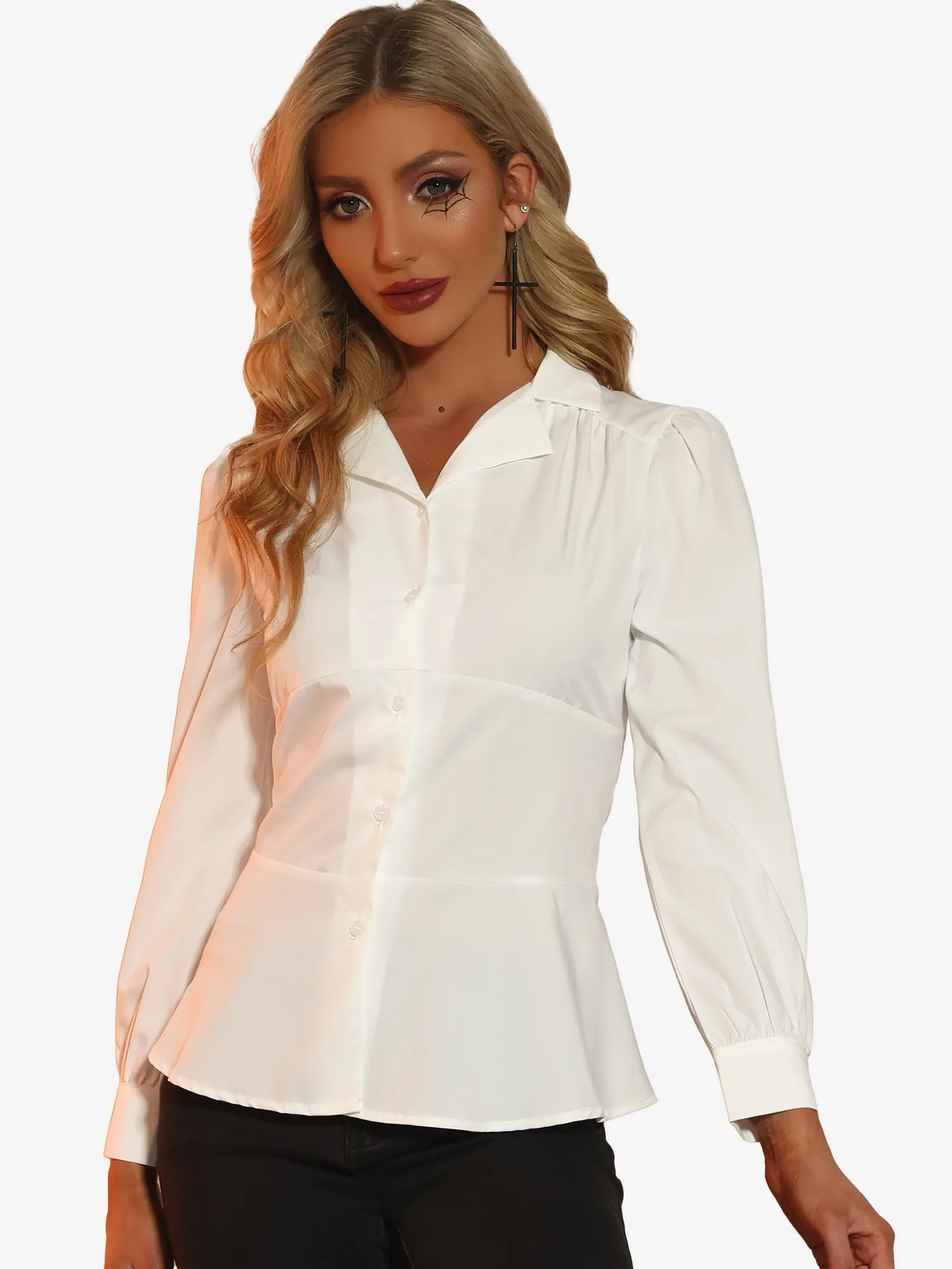 Long Sleeve Casual V Neck Tie Back Button Up Peplum Blouse sold by Allegra K