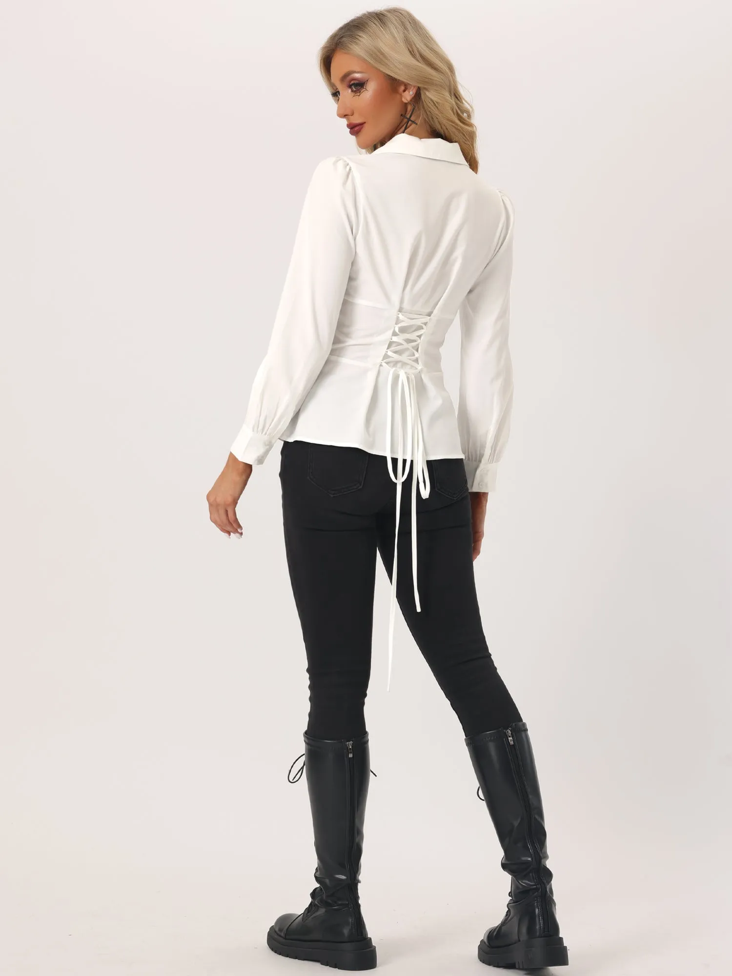 Long Sleeve Casual V Neck Tie Back Button Up Peplum Blouse sold by Allegra K product image thumbnail 3