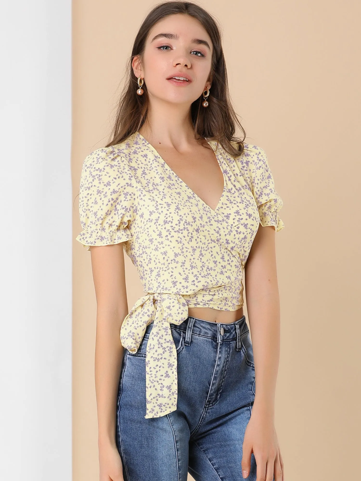 Tie Cross Front V Neck Short Bubble Sleeve Wrap Floral Crop Top sold by Allegra K product image thumbnail 3