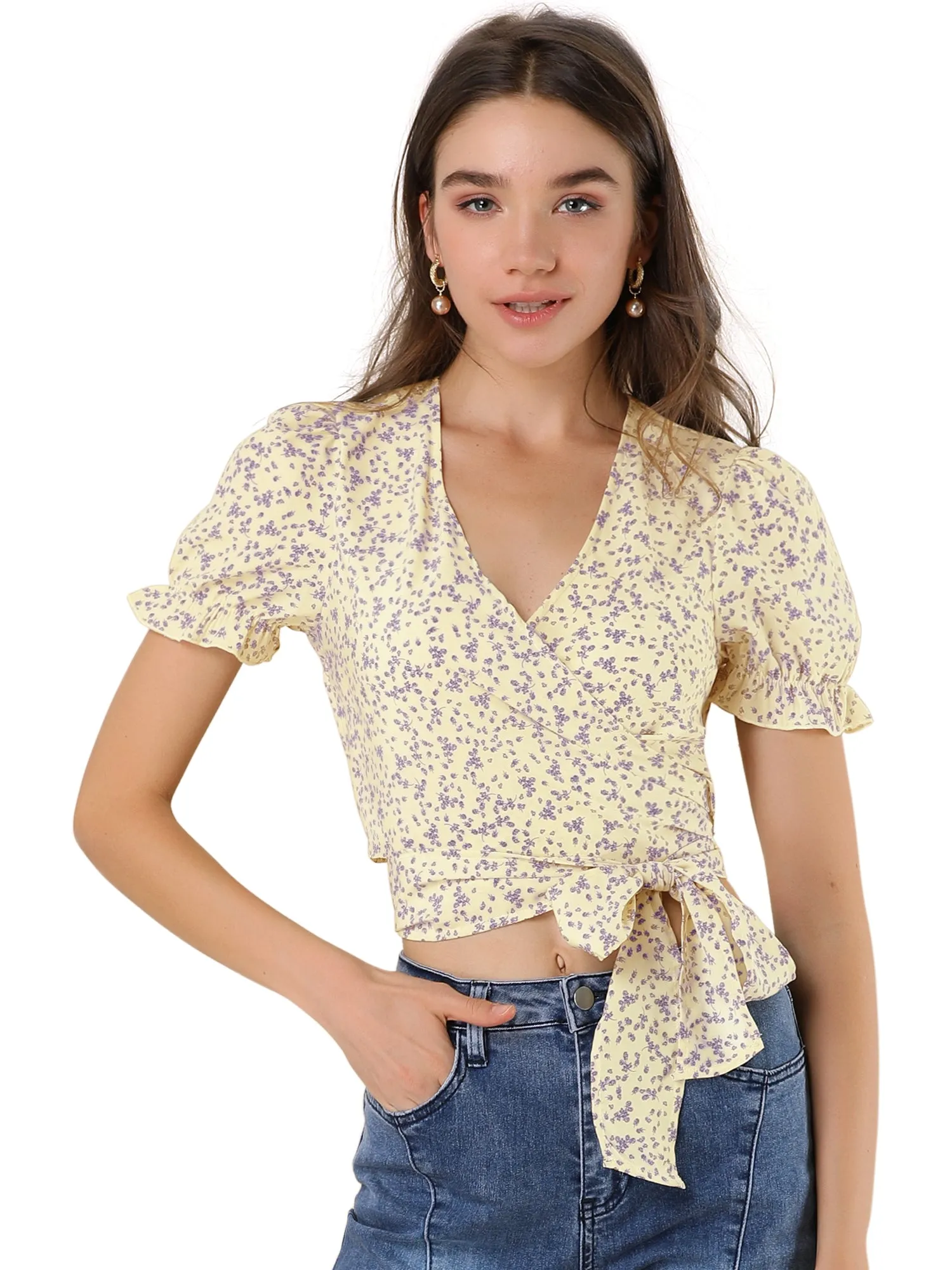 Tie Cross Front V Neck Short Bubble Sleeve Wrap Floral Crop Top sold by Allegra K