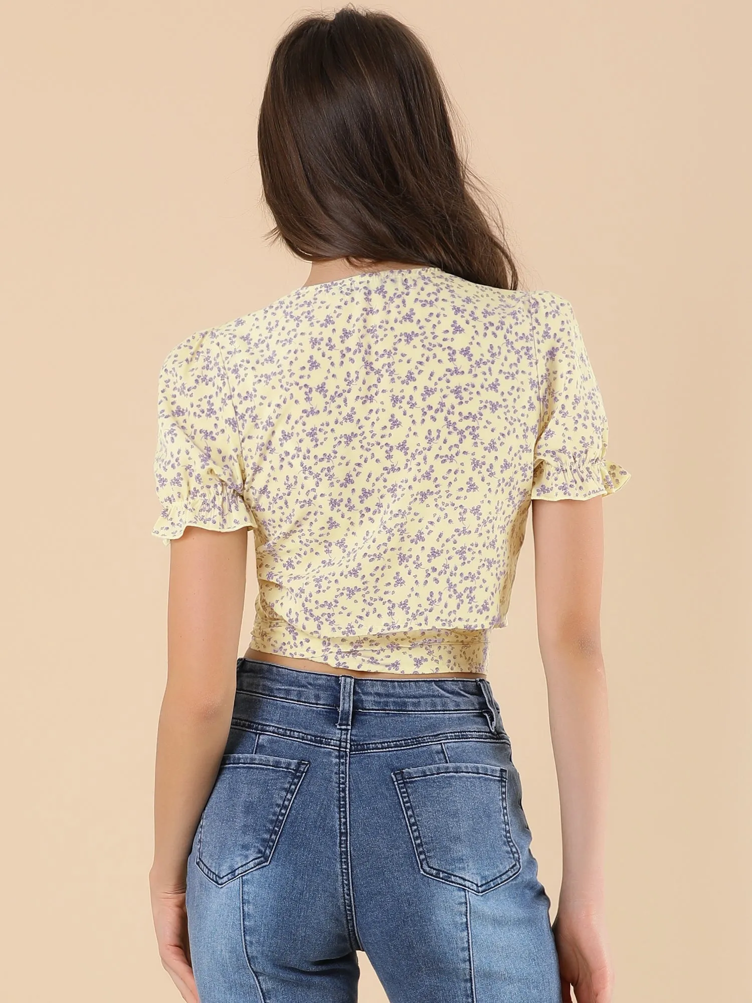 Tie Cross Front V Neck Short Bubble Sleeve Wrap Floral Crop Top sold by Allegra K product image thumbnail 4