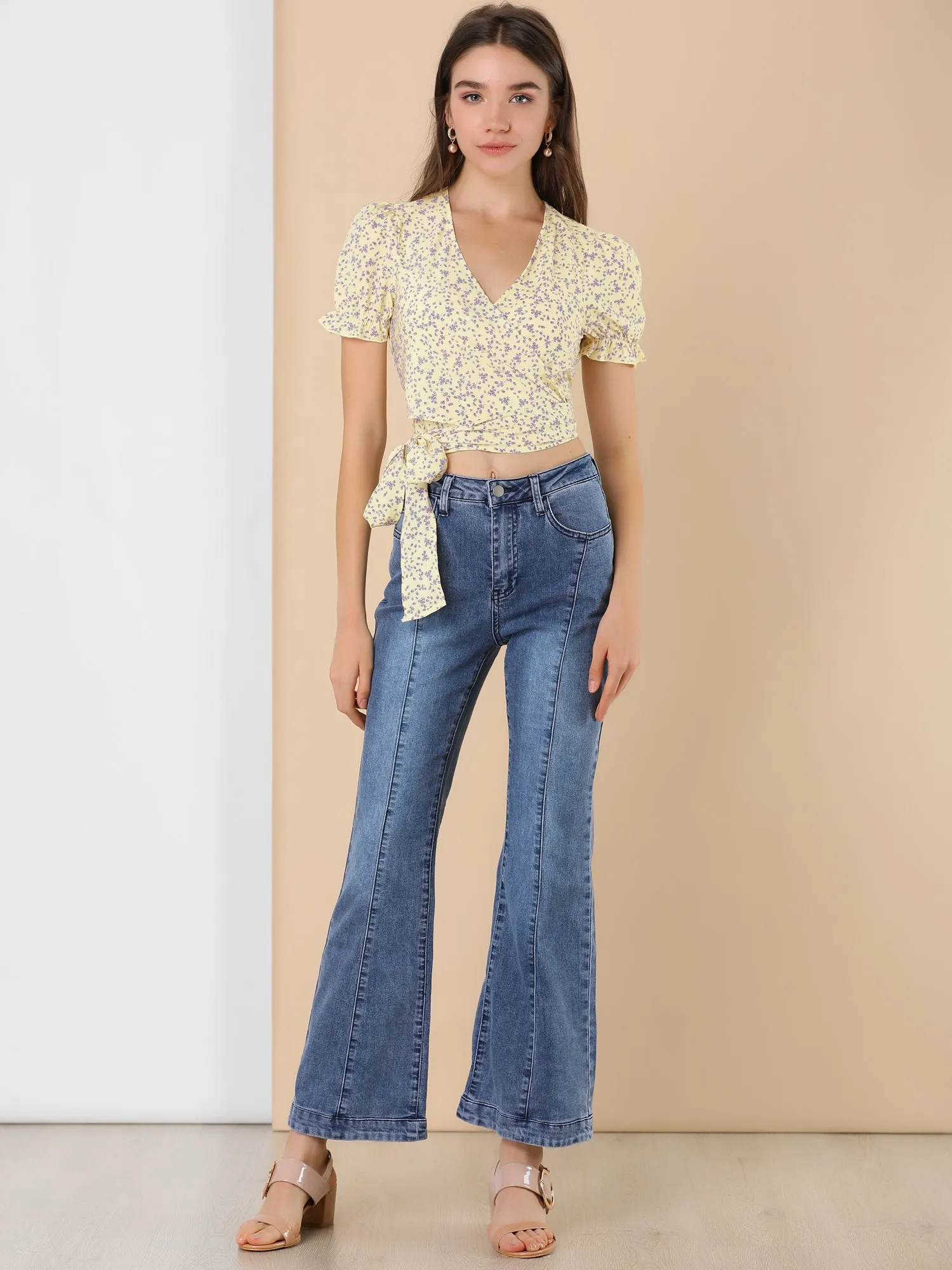 Tie Cross Front V Neck Short Bubble Sleeve Wrap Floral Crop Top sold by Allegra K product image thumbnail 2