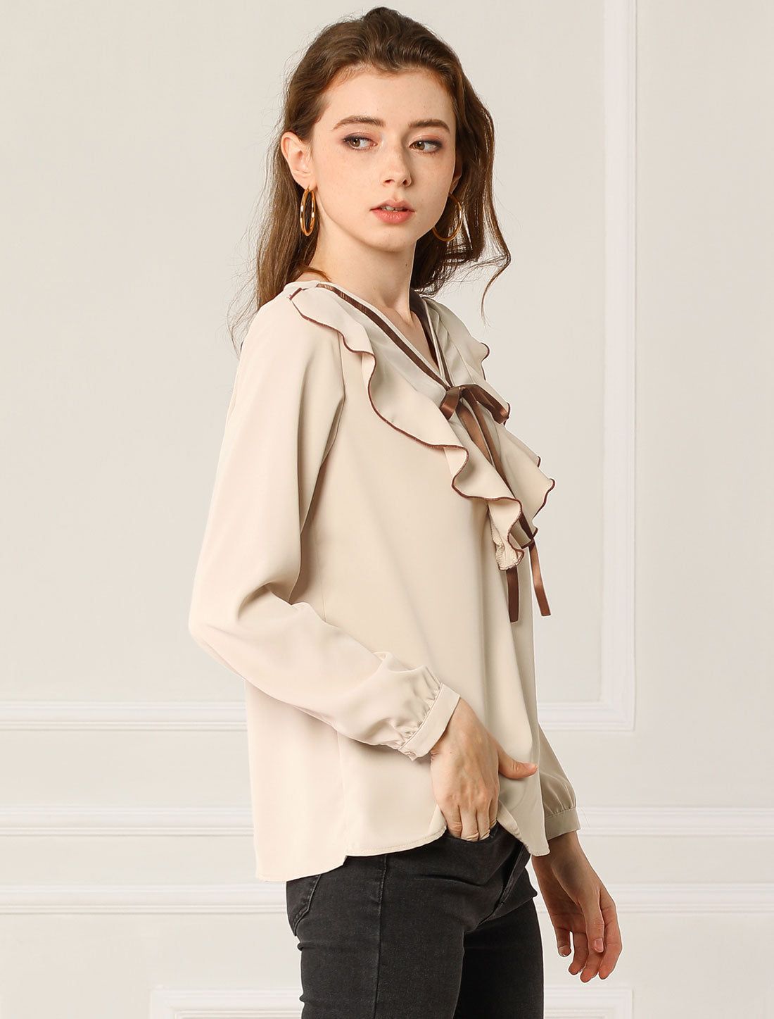 Ruffled V Neck Chiffon Office Vintage Blouse Tops sold by Allegra K product image thumbnail 3