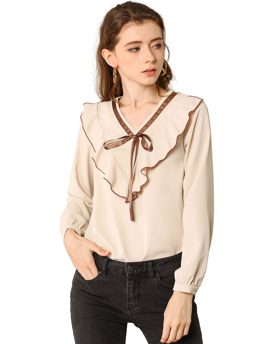 Ruffled V Neck Chiffon Office Vintage Blouse Tops sold by Allegra K product image thumbnail 2