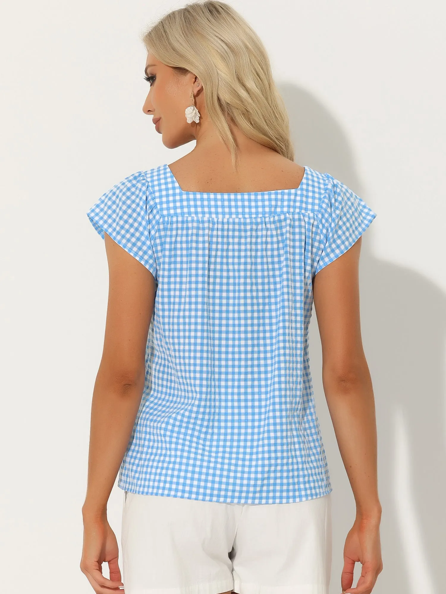 Square Neck Short Sleeves Gingham Plaid Blouse sold by Allegra K product image thumbnail 3