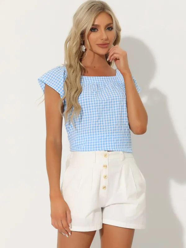Square Neck Short Sleeves Gingham Plaid Blouse sold by Allegra K