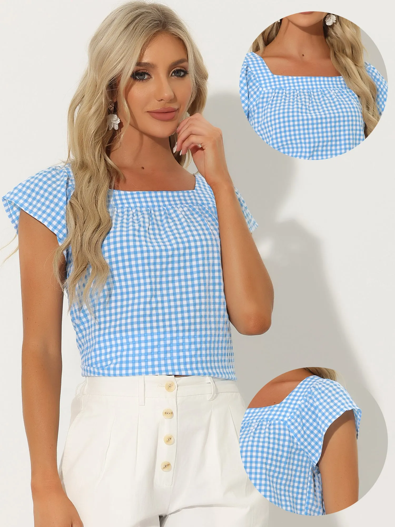 Square Neck Short Sleeves Gingham Plaid Blouse sold by Allegra K product image thumbnail 2
