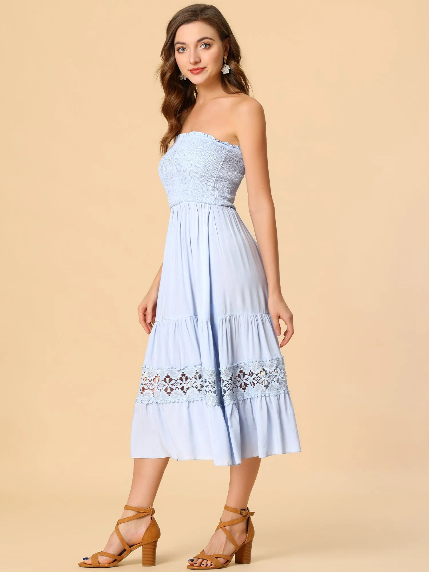 Bohemian Strapless Lace Trim Flowy A Line Midi Dress Sundress sold by Allegra K product image thumbnail 2