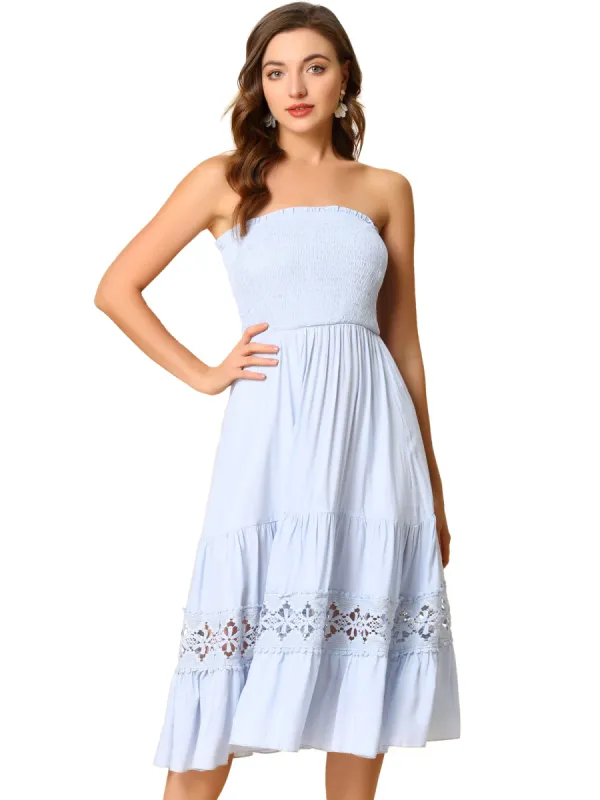 Bohemian Strapless Lace Trim Flowy A Line Midi Dress Sundress sold by Allegra K