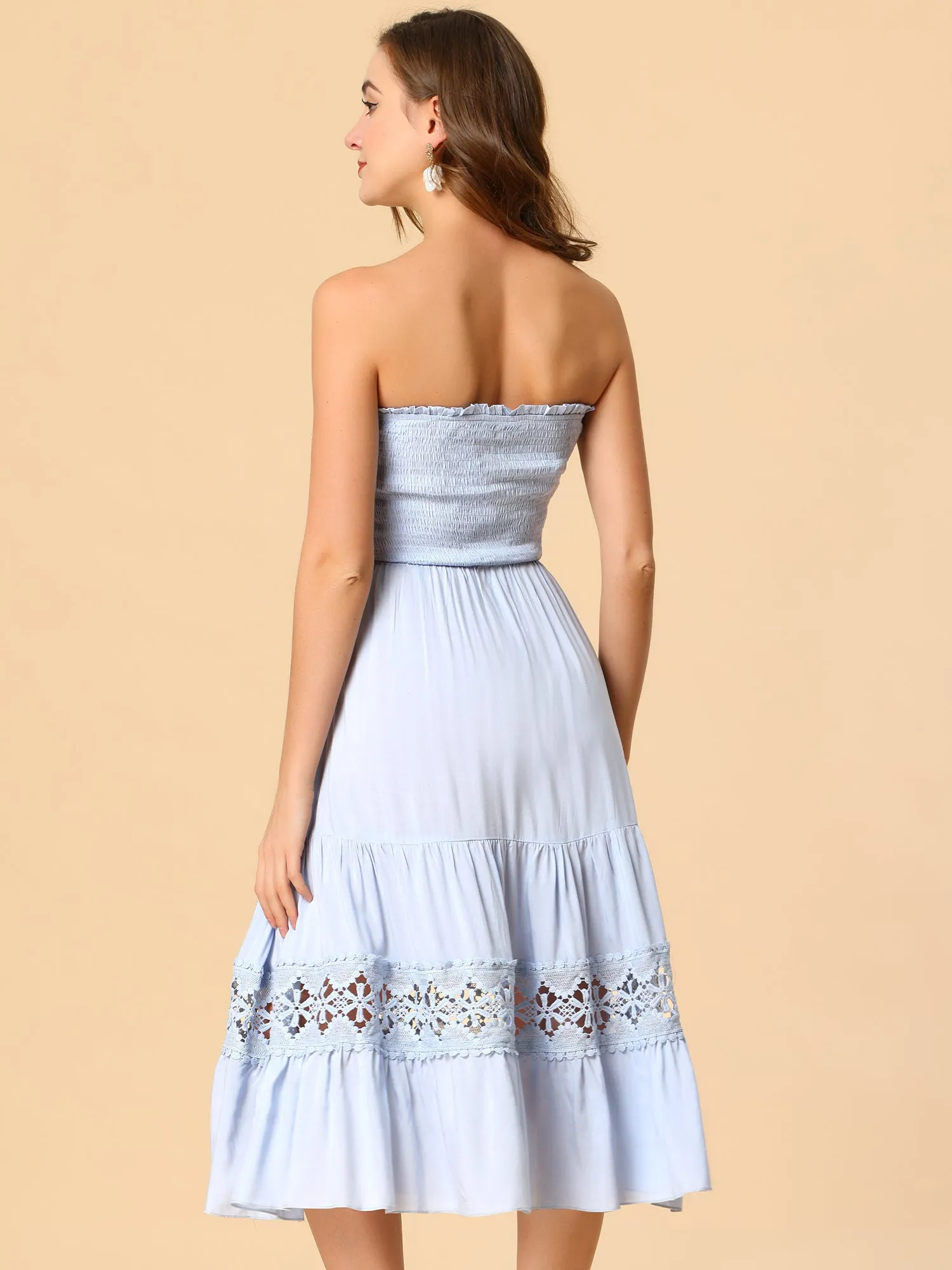 Bohemian Strapless Lace Trim Flowy A Line Midi Dress Sundress sold by Allegra K product image thumbnail 3