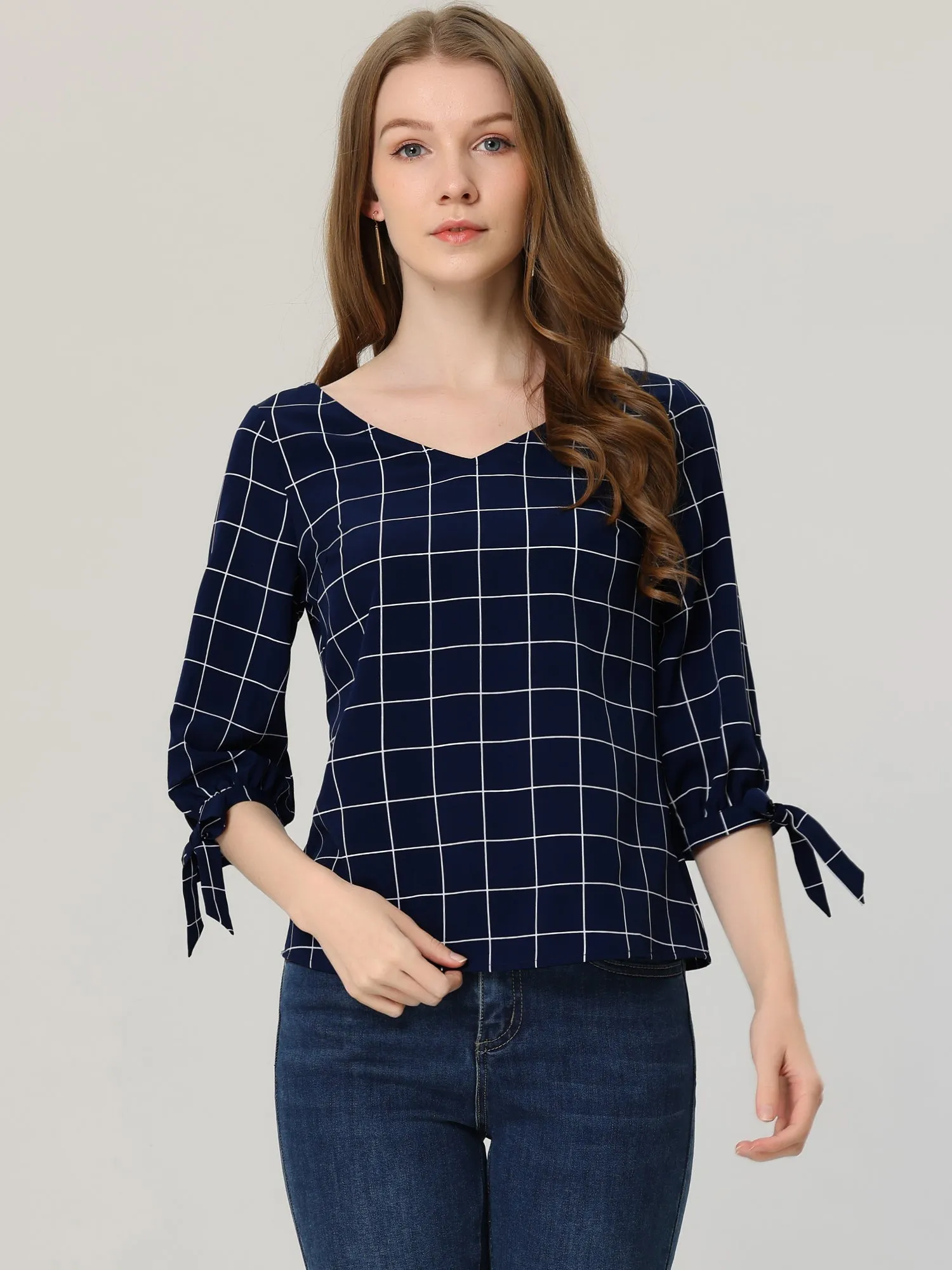 Plaid Blouse V Neck Elbow Sleeve Strap Cuffs Work Shirt Top sold by Allegra K product image thumbnail 2