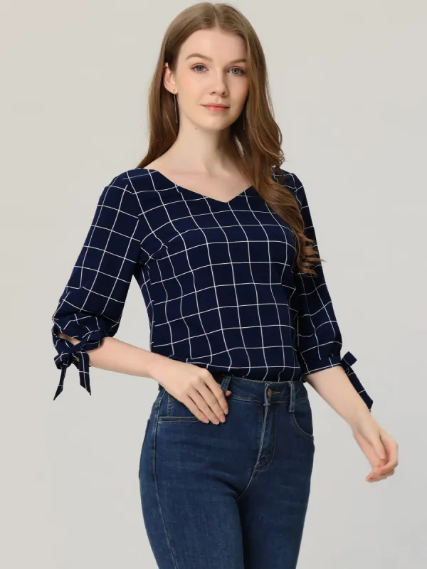 Plaid Blouse V Neck Elbow Sleeve Strap Cuffs Work Shirt Top sold by Allegra K