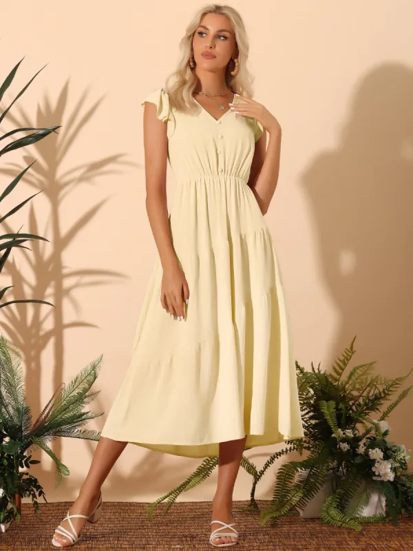 V Neck Ruffle Short Sleeve Elastic Waist Tiered Beach Midi Dress sold by Allegra K