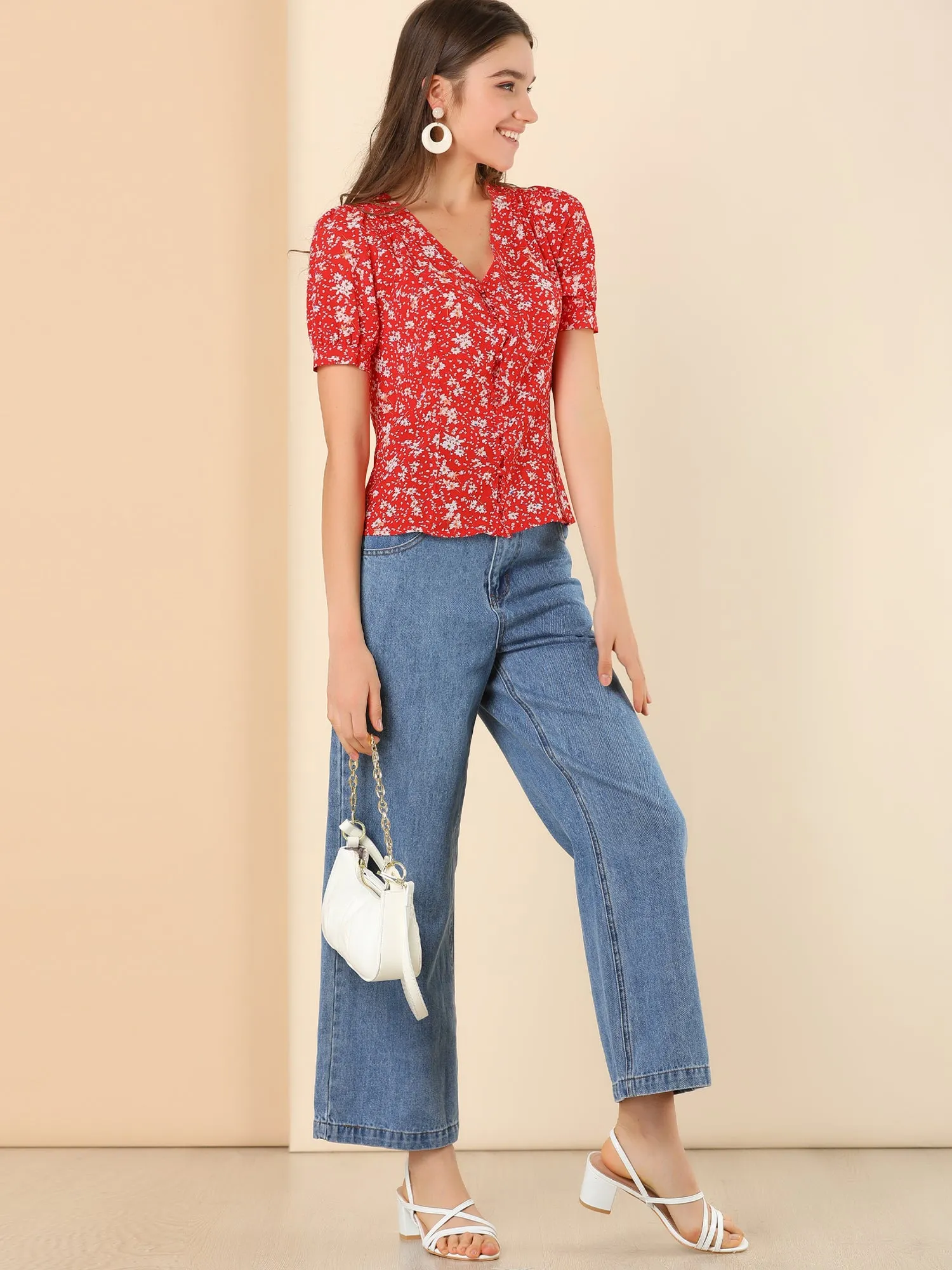 Retro Puff Sleeve V Neck Button Front Pleated Floral Shirt Blouse sold by Allegra K