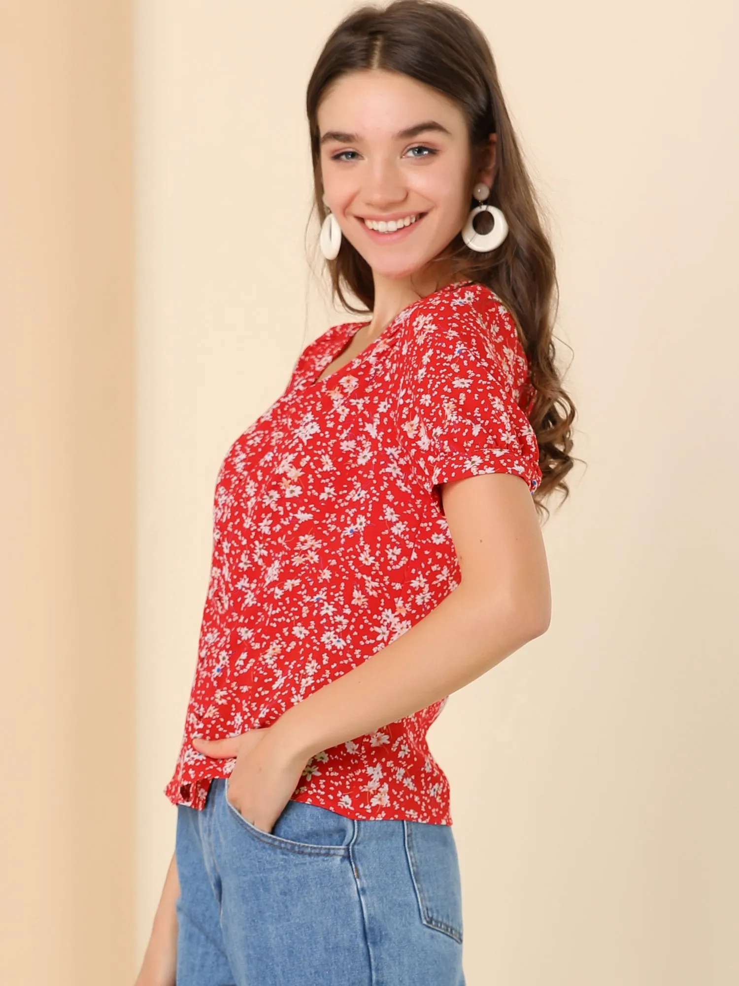 Retro Puff Sleeve V Neck Button Front Pleated Floral Shirt Blouse sold by Allegra K product image thumbnail 3