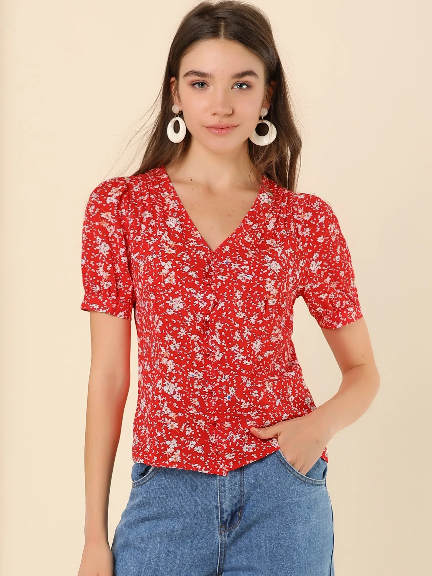 Retro Puff Sleeve V Neck Button Front Pleated Floral Shirt Blouse sold by Allegra K product image thumbnail 2