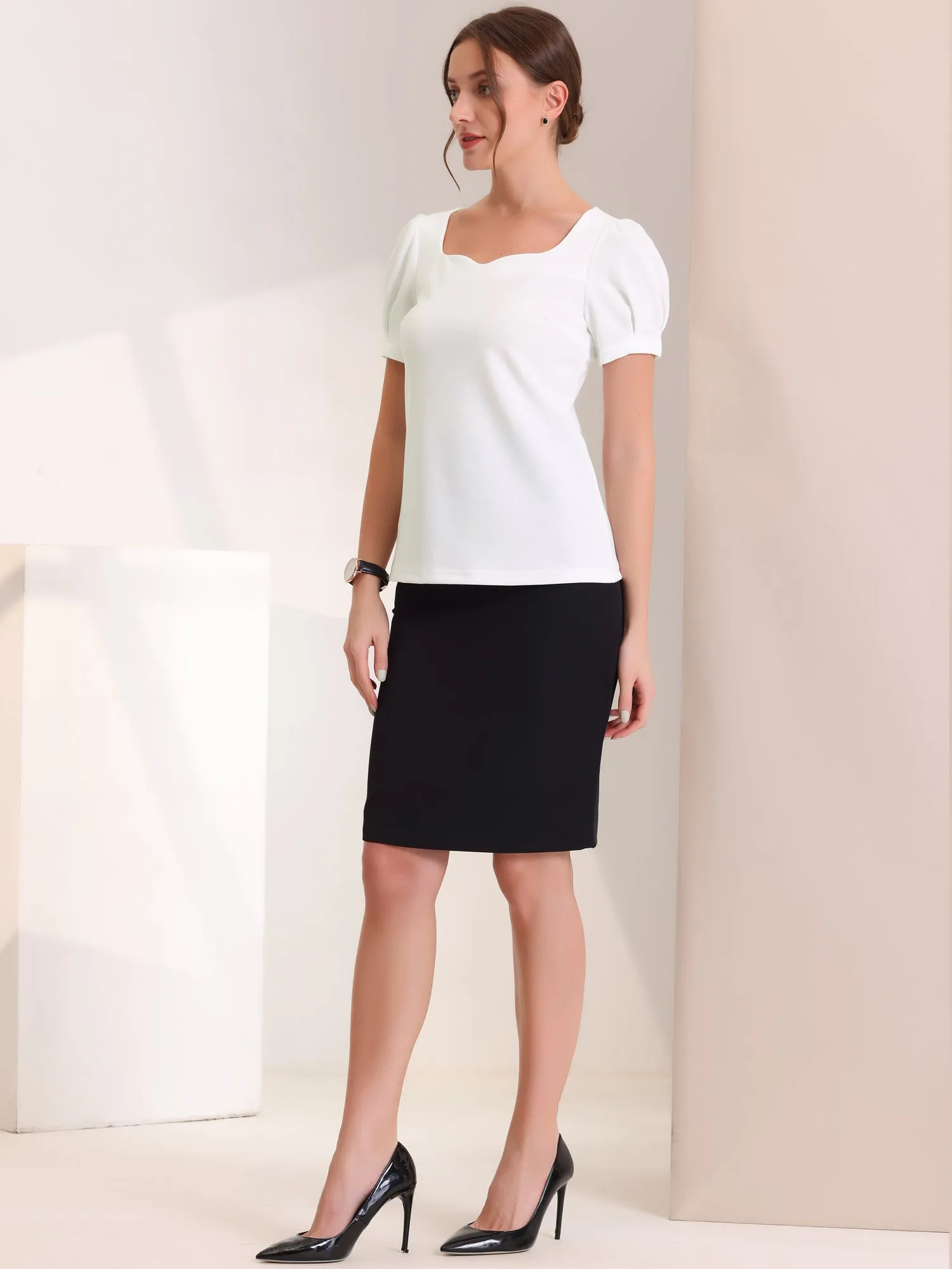 Elegant Top Puff Short Sleeve Sweetheart Neck Casual Blouse sold by Allegra K product image thumbnail 4