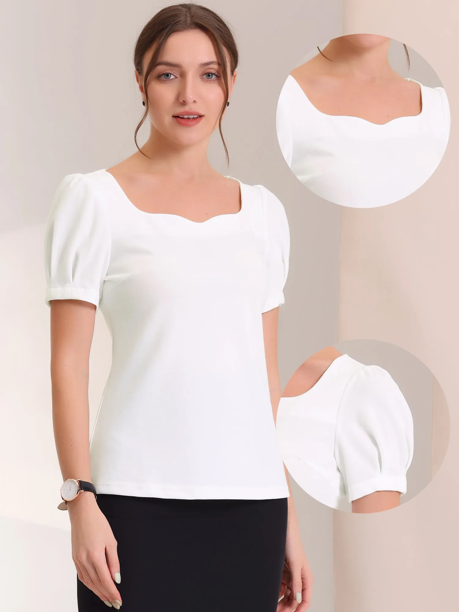 Elegant Top Puff Short Sleeve Sweetheart Neck Casual Blouse sold by Allegra K product image thumbnail 2