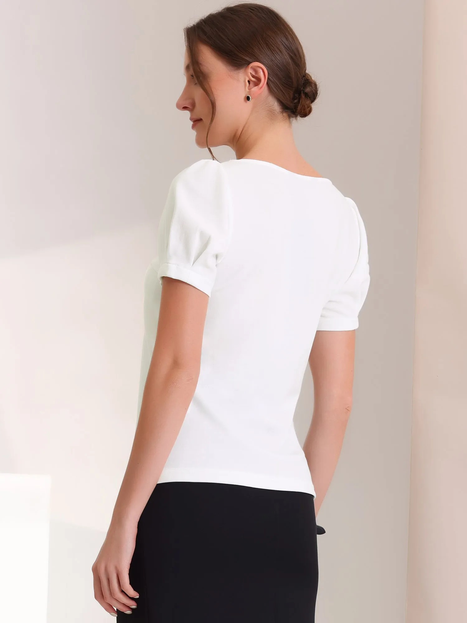 Elegant Top Puff Short Sleeve Sweetheart Neck Casual Blouse sold by Allegra K product image thumbnail 3