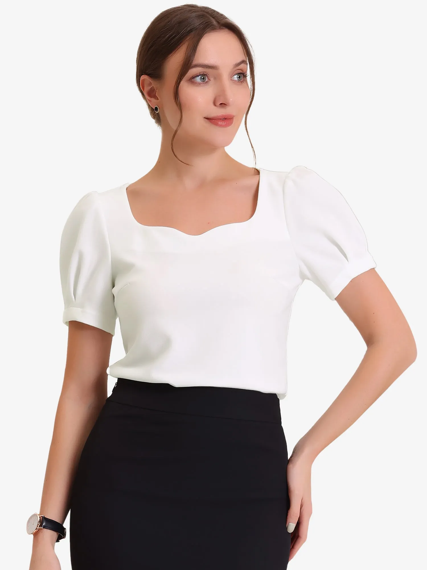 Elegant Top Puff Short Sleeve Sweetheart Neck Casual Blouse sold by Allegra K