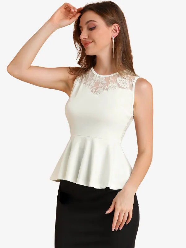 Lace Peplum Round Neck Sexy Sheer Back Sleeveless Blouse sold by Allegra K