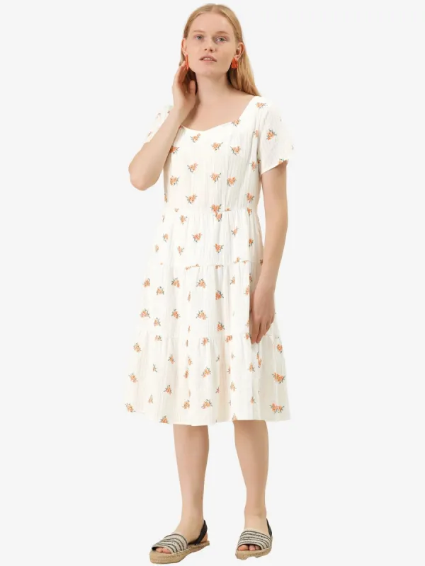 Cotton Frilled Sweetheart Neck A-Line Midi Floral Dress sold by Allegra K