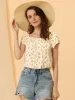 Square Neck Casual Peasant Tops Cap Sleeve Floral Print Blouse sold by Allegra K