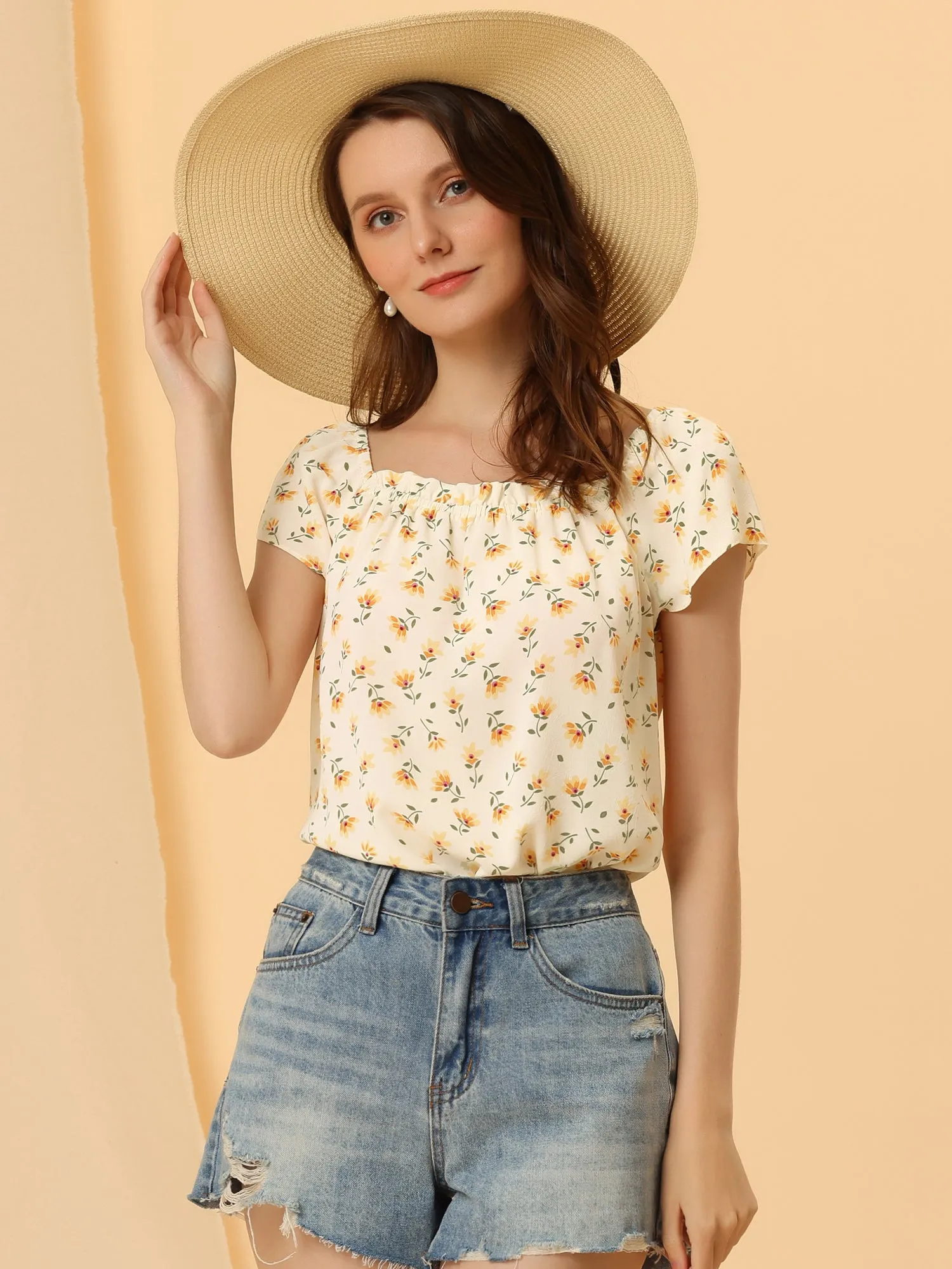 Square Neck Casual Peasant Tops Cap Sleeve Floral Print Blouse sold by Allegra K product image thumbnail 3