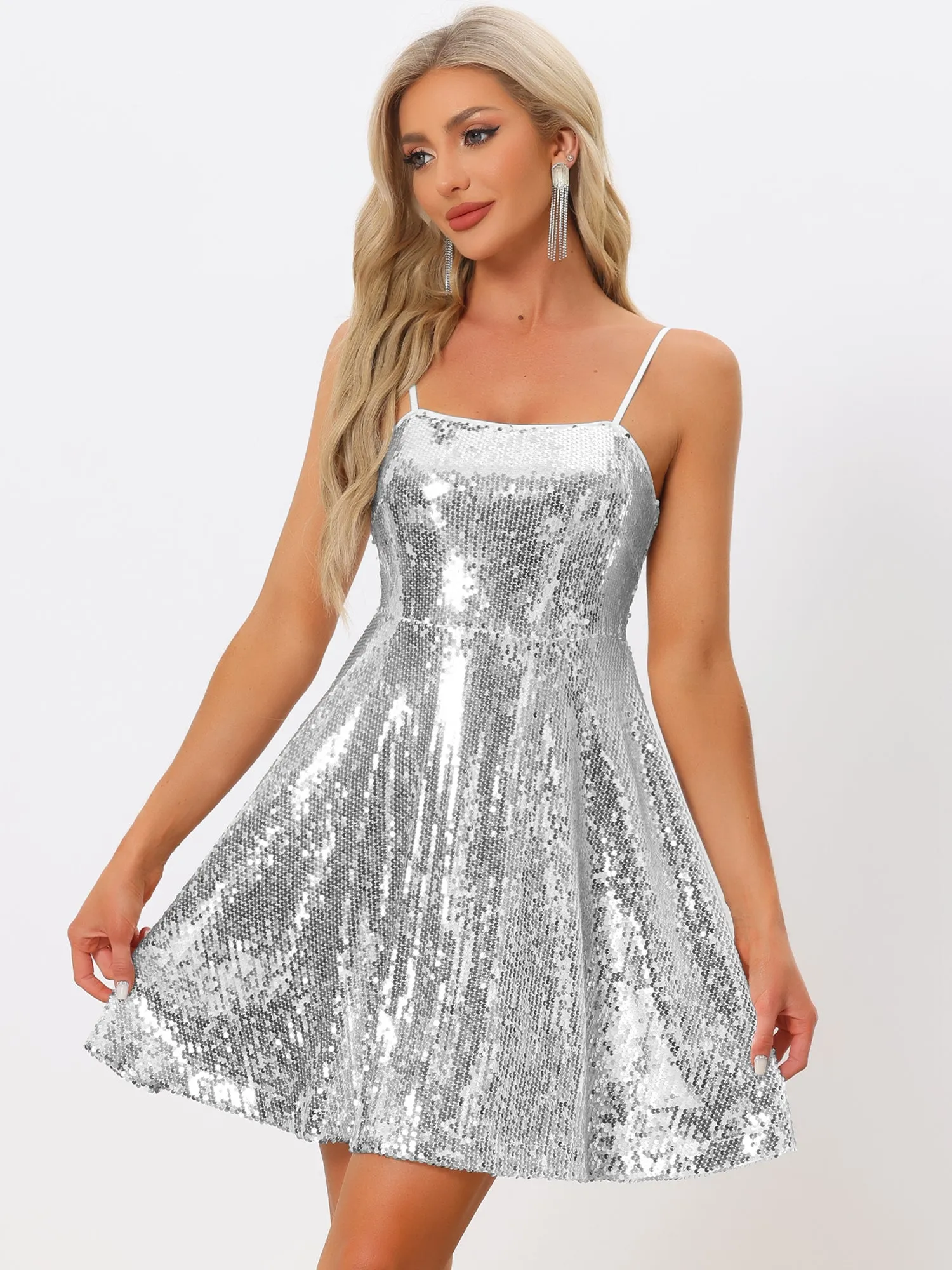 Adjustable Spaghetti Strap Party Glitter Sparkle Sequin Dress sold by Allegra K product image thumbnail 4