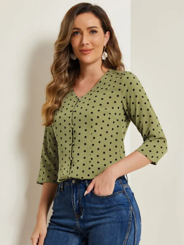 Polka Dots 3/4 Sleeve Button Front Vintage Office Blouse Top sold by Allegra K