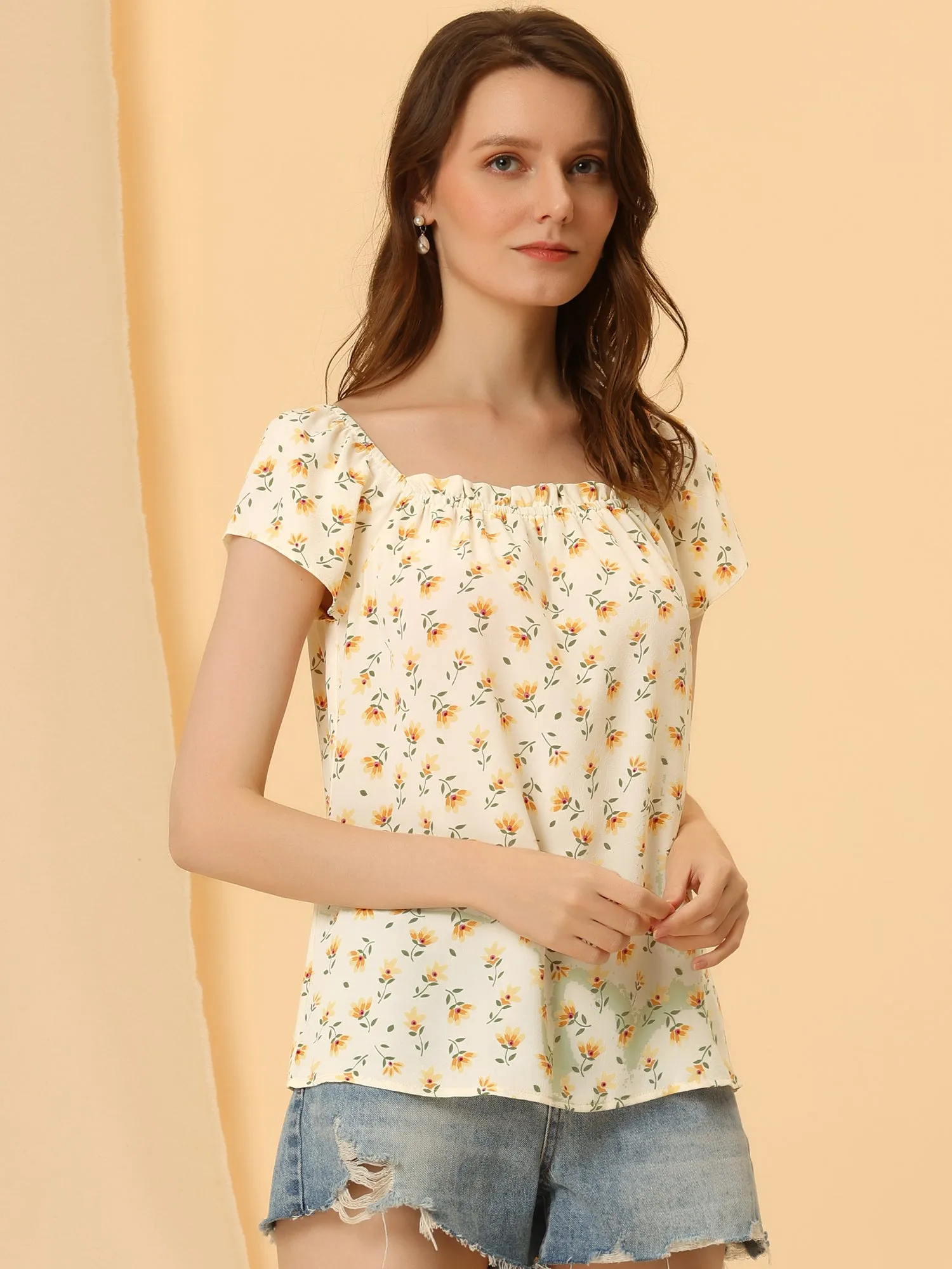 Square Neck Casual Peasant Tops Cap Sleeve Floral Print Blouse sold by Allegra K product image thumbnail 2