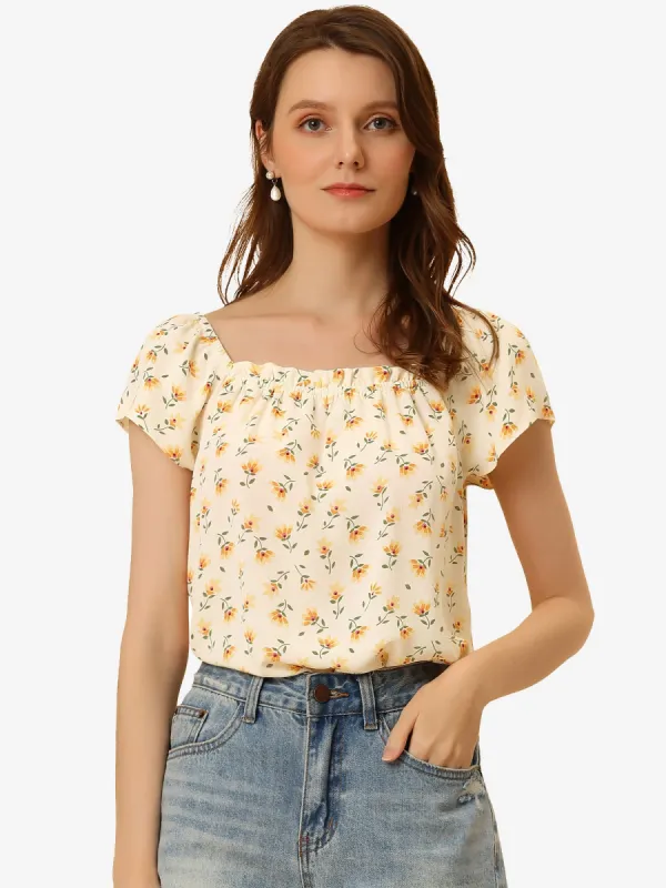 Square Neck Casual Peasant Tops Cap Sleeve Floral Print Blouse sold by Allegra K