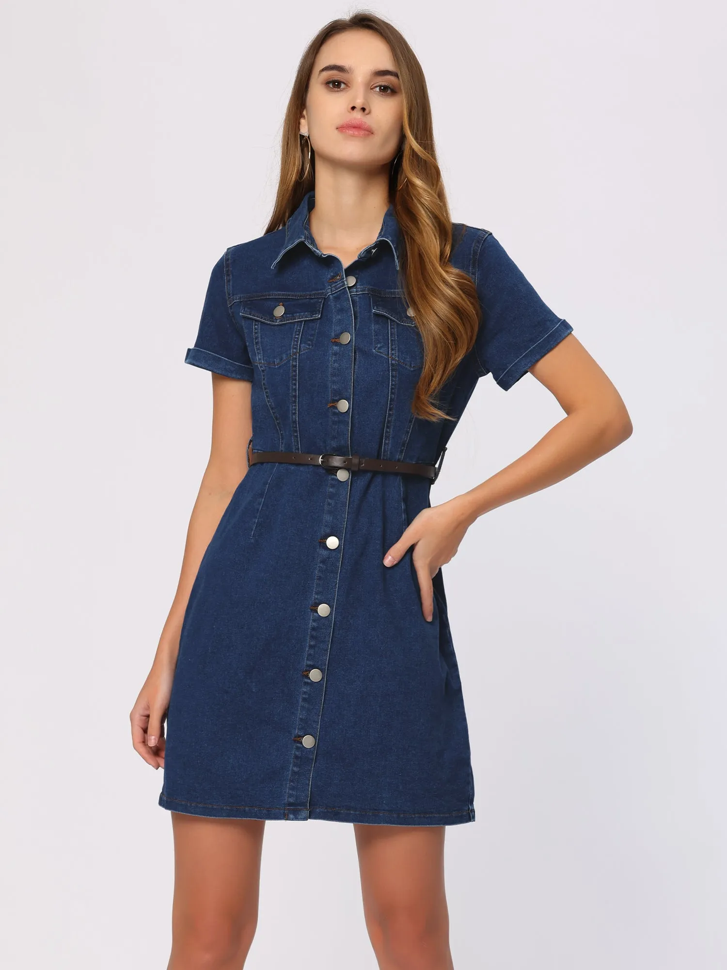 Denim Lapel Short Sleeve Belted Button Up Shirt Dress sold by Allegra K product image thumbnail 5