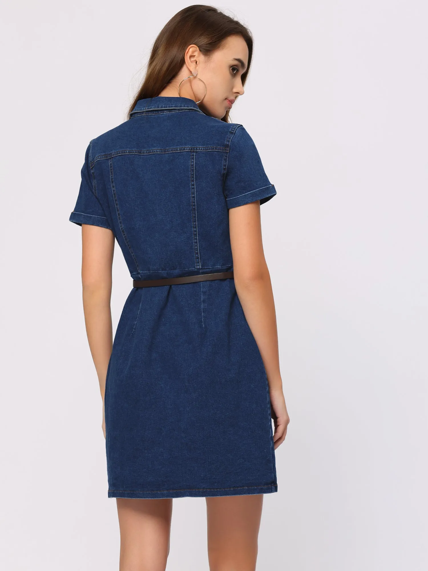 Denim Lapel Short Sleeve Belted Button Up Shirt Dress sold by Allegra K product image thumbnail 3