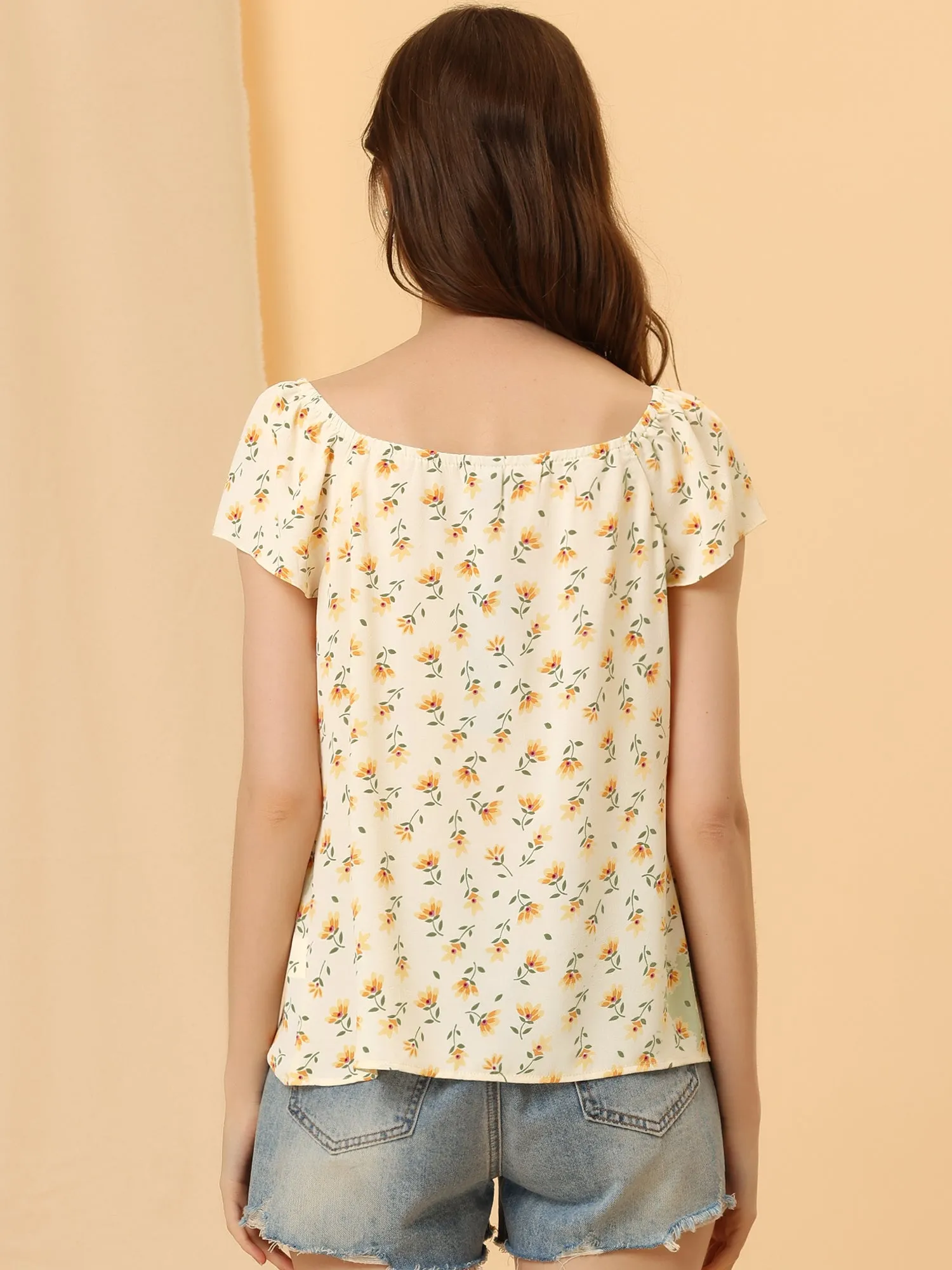 Square Neck Casual Peasant Tops Cap Sleeve Floral Print Blouse sold by Allegra K product image thumbnail 4