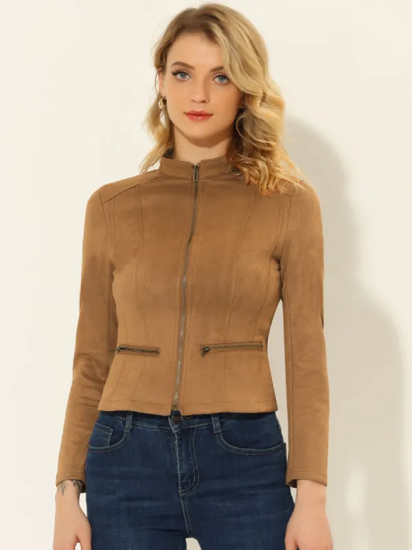 Faux Suede Zip Up Mock Neck Moto Biker Jacket sold by Allegra K