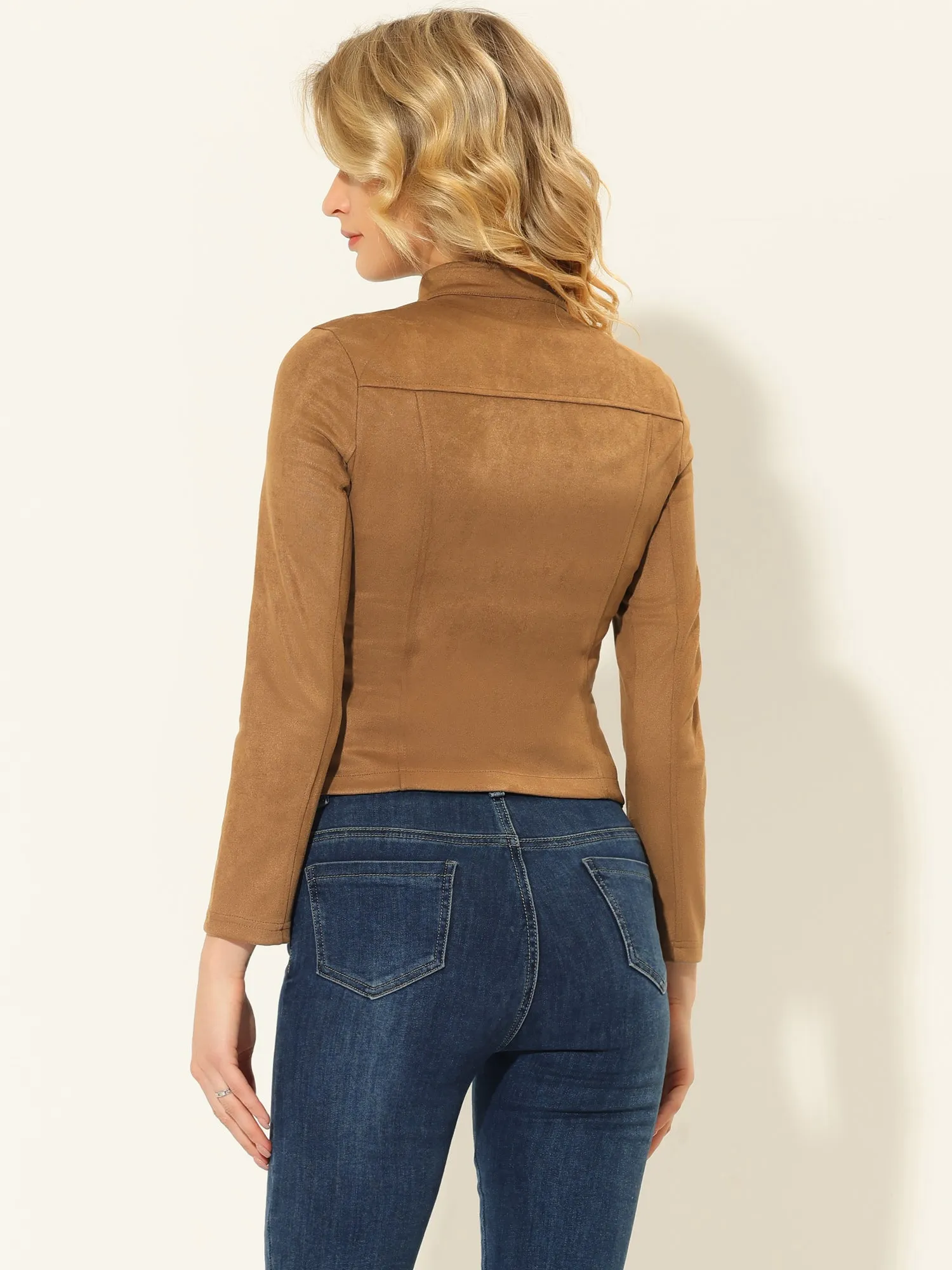 Faux Suede Zip Up Mock Neck Moto Biker Jacket sold by Allegra K product image thumbnail 3