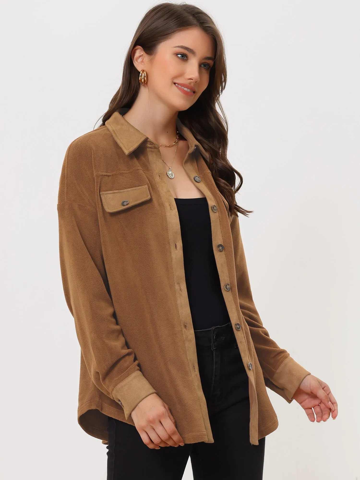 Microfleece Fuzzy Button Down Lapel Lightweight Shirt Jacket sold by Allegra K product image thumbnail 2