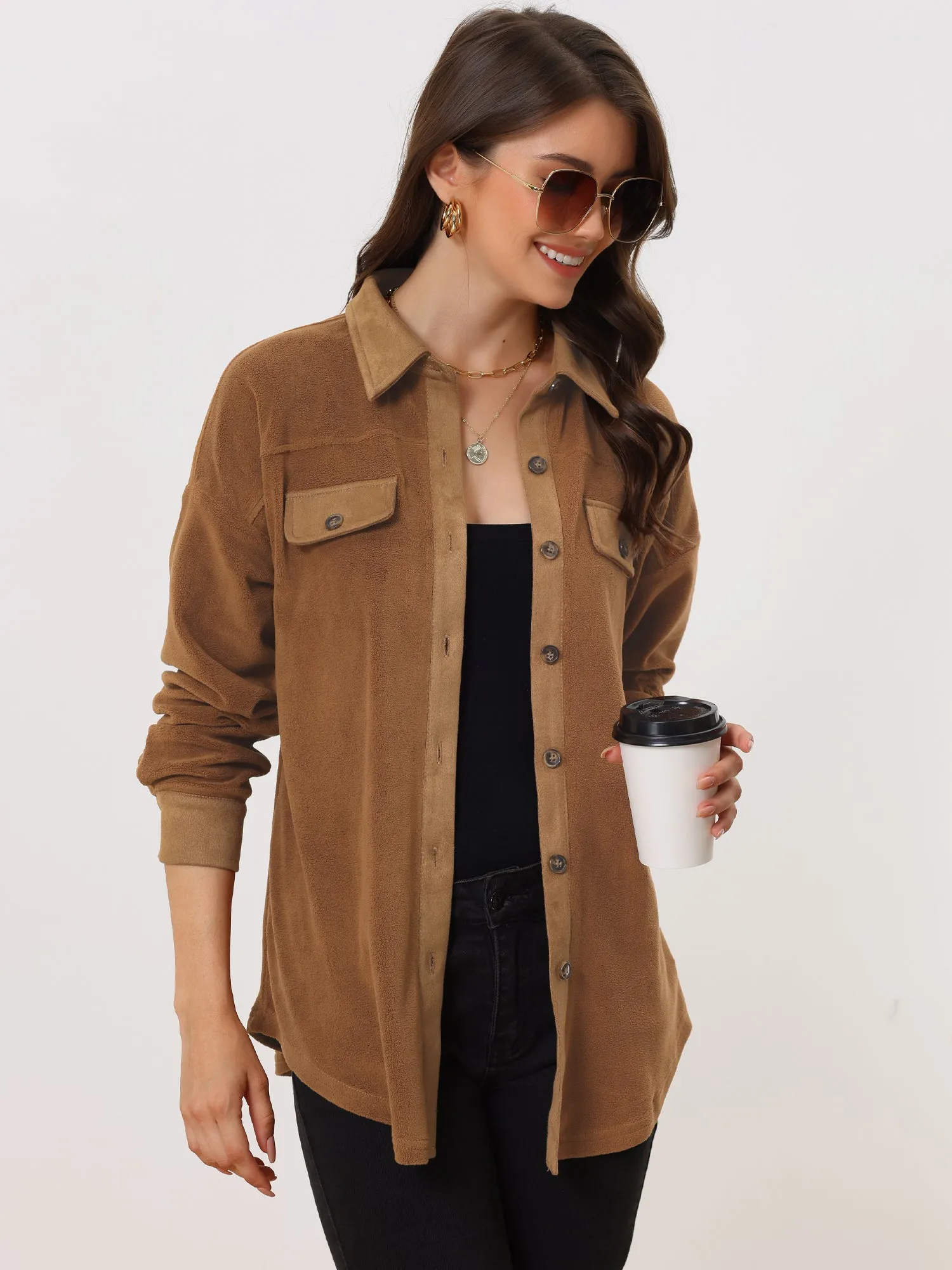 Microfleece Fuzzy Button Down Lapel Lightweight Shirt Jacket sold by Allegra K