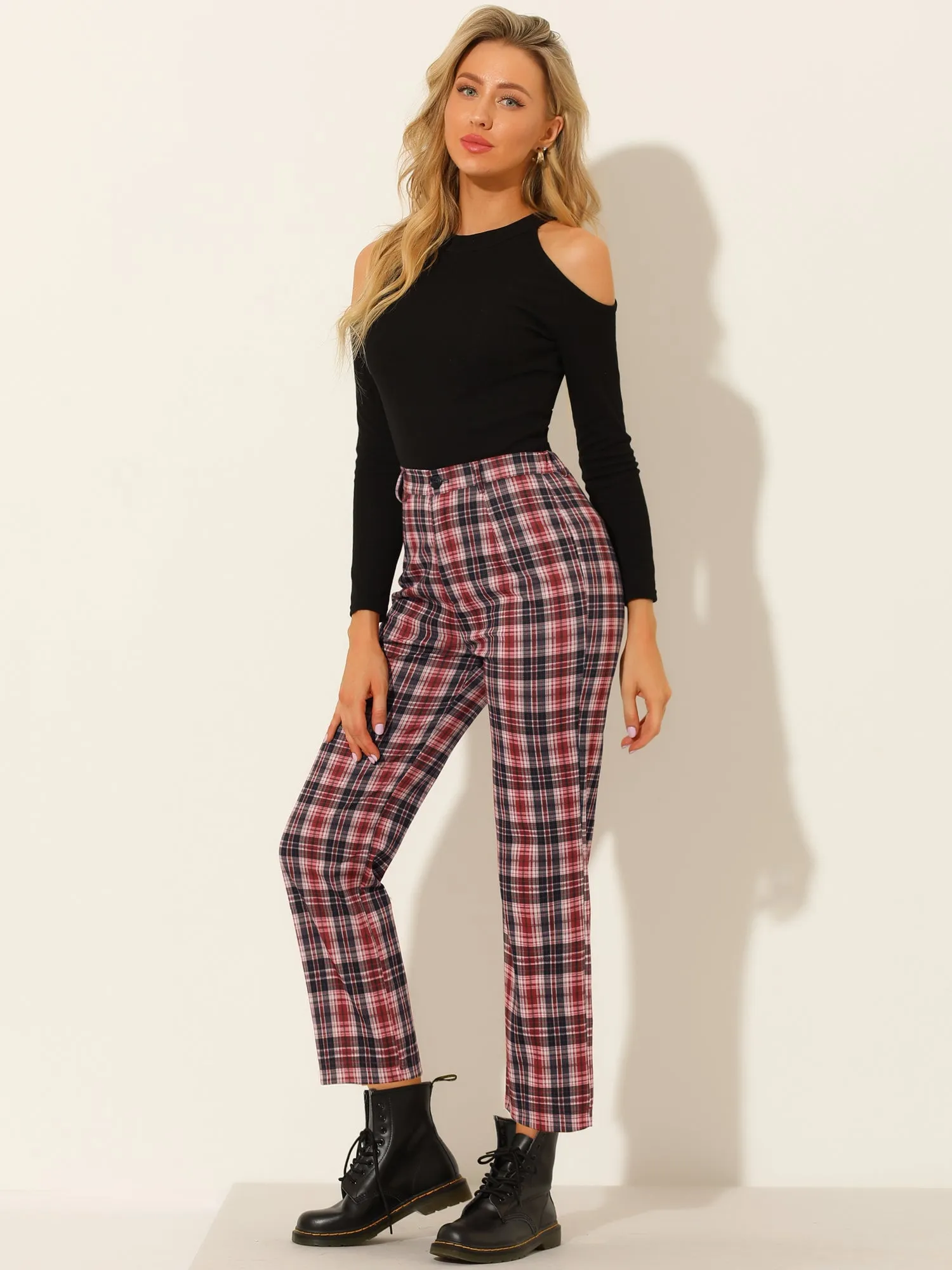Plaid Cropped Trousers Button Casual Tartan Check Work Pants sold by Allegra K product image thumbnail 3