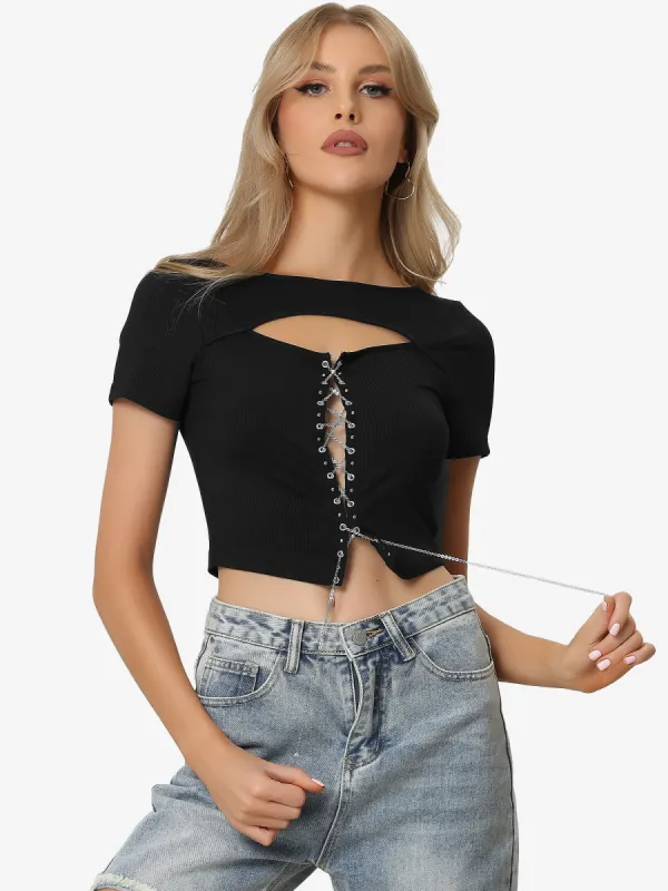 Lace Up Front Cut Out Rib-knit Contrast Stitch Cropped Top sold by Allegra K