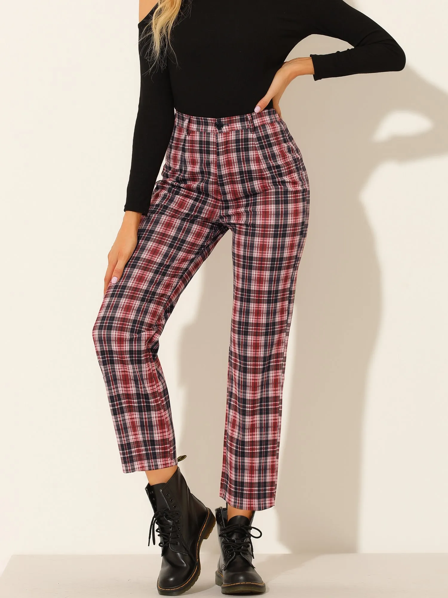 Plaid Cropped Trousers Button Casual Tartan Check Work Pants sold by Allegra K