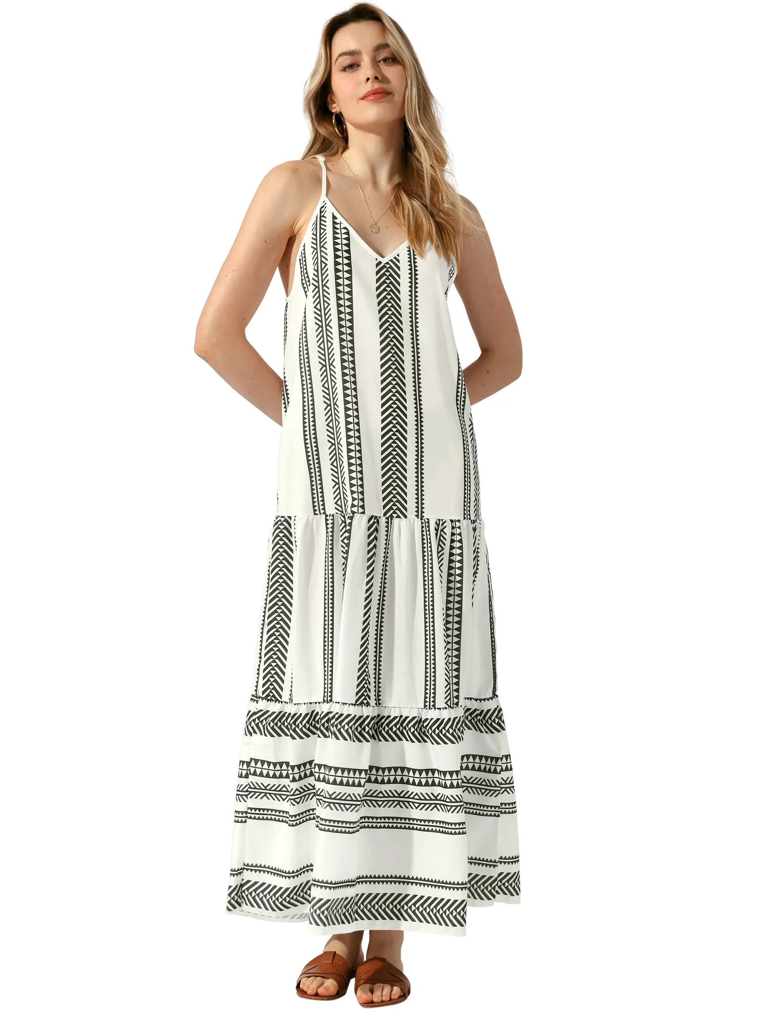 Spaghetti Strap Sleeveless Boho Printed Maxi Tiered Dress sold by Allegra K product image thumbnail 4