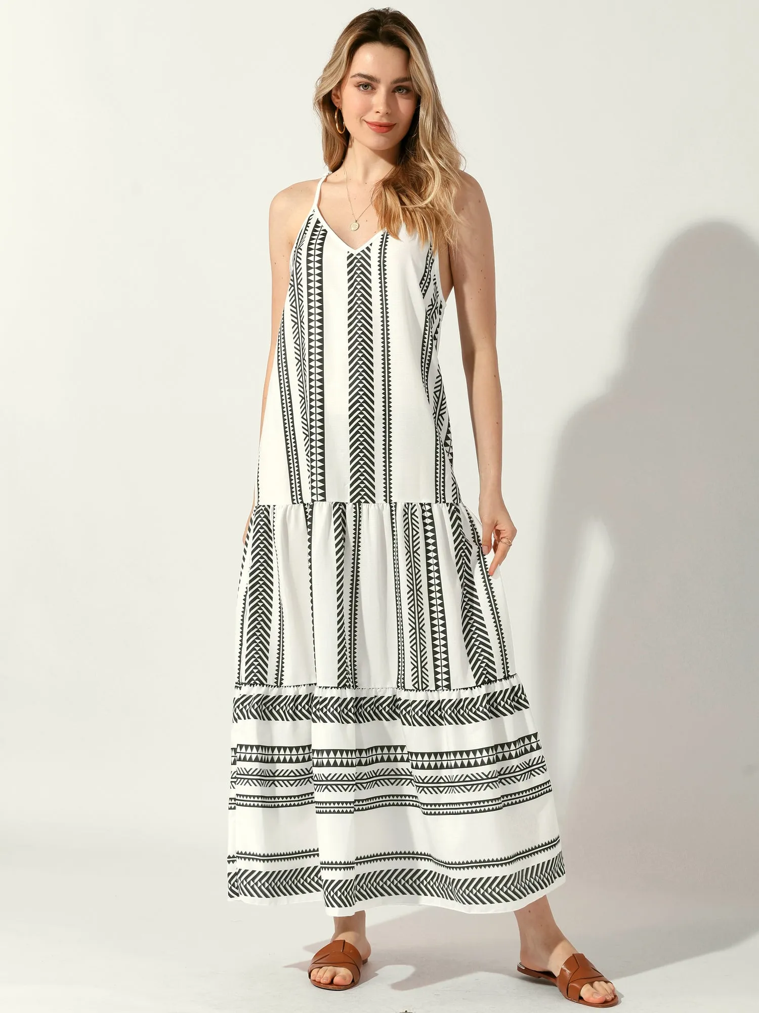 Spaghetti Strap Sleeveless Boho Printed Maxi Tiered Dress sold by Allegra K product image thumbnail 2