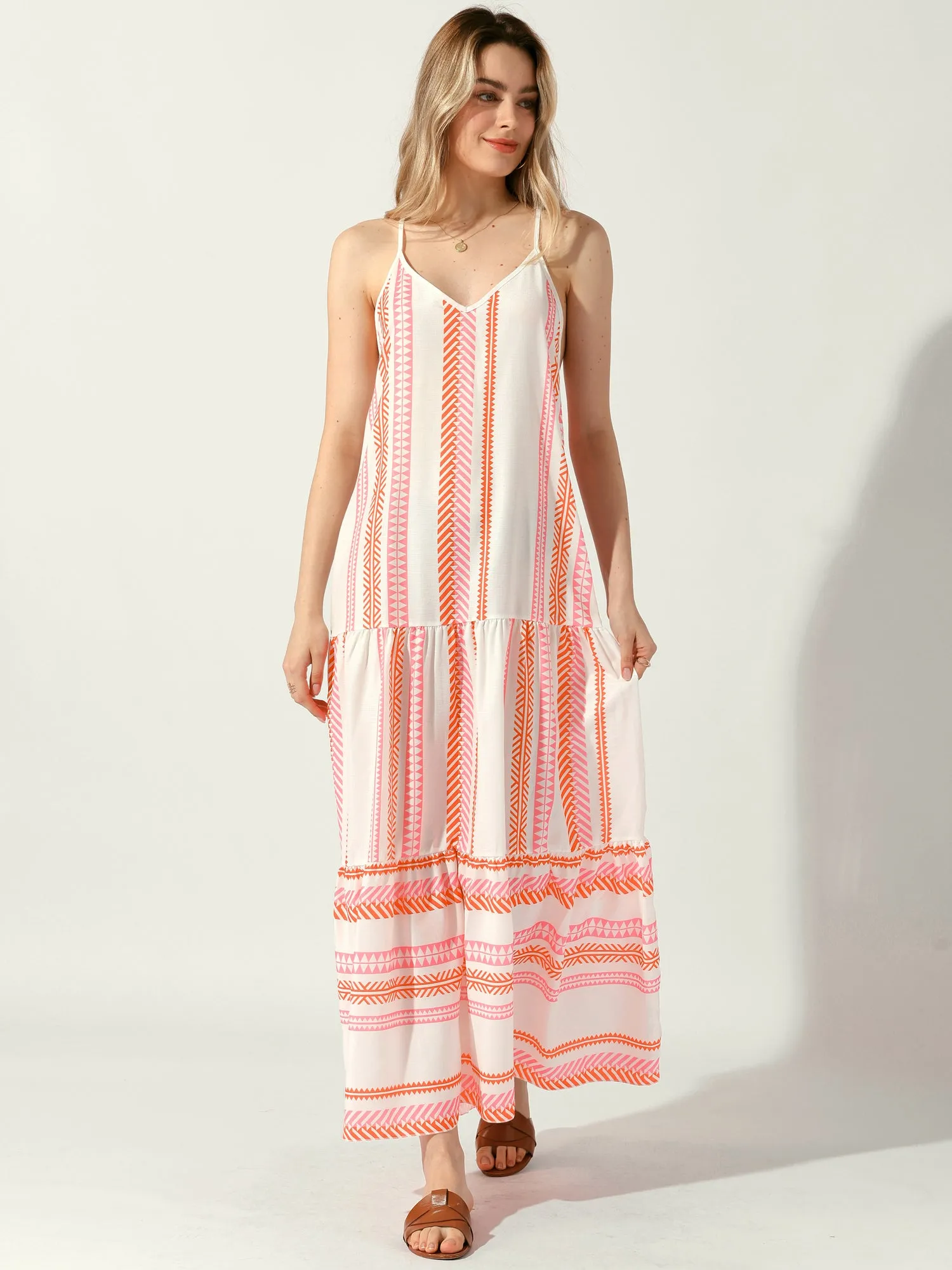 Spaghetti Strap Sleeveless Boho Printed Maxi Tiered Dress sold by Allegra K product image thumbnail 5