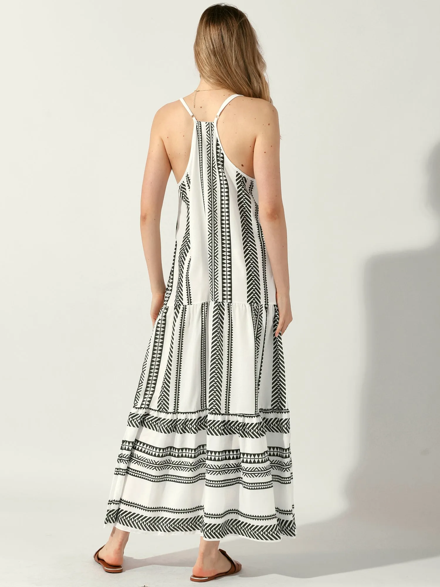 Spaghetti Strap Sleeveless Boho Printed Maxi Tiered Dress sold by Allegra K product image thumbnail 3