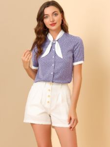 Tie Neck Short Sleeve Button Up Polka Dots Top sold by Allegra K