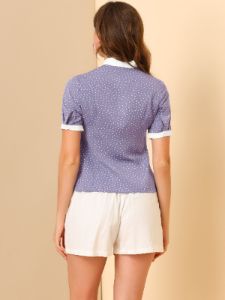 Tie Neck Short Sleeve Button Up Polka Dots Top sold by Allegra K