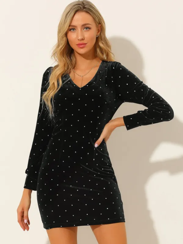 V Neck Long Sleeve Party Glitter Velvet Casual Bodycon Mini Dress made by Allegra K